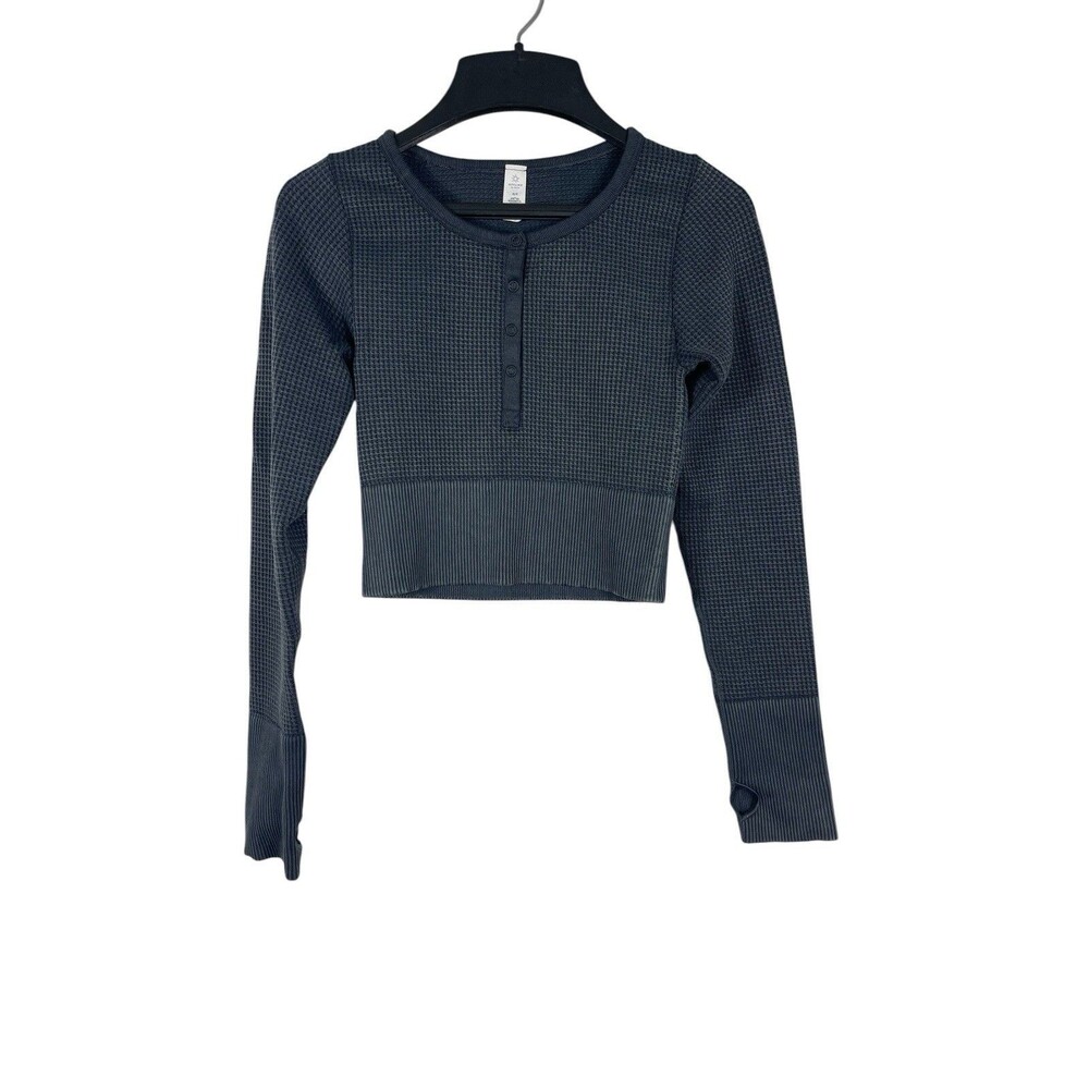 OFFLINE Aerie XS Main Squeeze Waffle Crop Top Gray Henley Long Sleeve Thumbholes